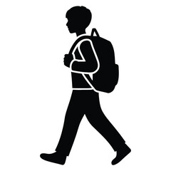 Silhouette of a student walking with a backpack isolated on white background, representing education and school life