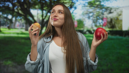 Obraz premium Woman holding muffin and apple in a forest setting, eyes closed and savoring taste with both hands raised; temptation choice.