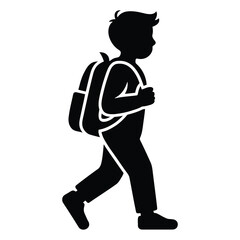 Silhouette of a young boy with a backpack walking isolated on white background, symbolizing education and childhood
