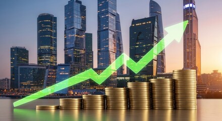 Financial growth concept featuring gold coin stacks foreground, glowing upward arrow, blue cityscape background, stock market chart overlay. Perfect for investment reports, business presentations