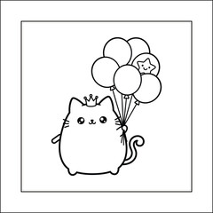 Royal Cat with Balloons Coloring Page: Bold and Easy Kawaii Cat for a Cozy Moment Celebration