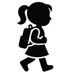 Silhouette of a young girl walking to school with a backpack isolated on white background for educational purposes
