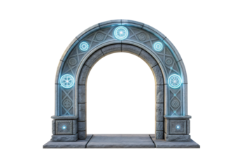 Futuristic stone portal with glowing blue mystical symbols and runes, isolated on a transparent background