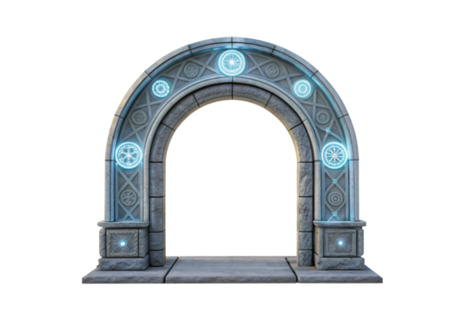 Futuristic stone portal with glowing blue mystical symbols and runes, isolated on a transparent background