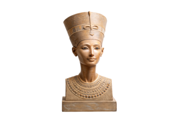 Neutral-toned Egyptian Nefertiti bust with detailed carved necklace and headdress, isolated on a transparent background