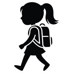 Silhouette of a young girl with a backpack walking to school isolated on white background back to school concept