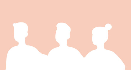 A simple minimalist illustration showing three human silhouettes standing side by side against a soft peach background.