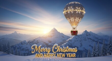 Christmas Hot Air Balloon Over Snowy Mountains - A hot air balloon decorated for Christmas floats above snow-capped mountains at dawn. Festive holiday season scene