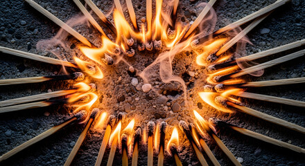 Intense Circle of Burning Matches Igniting in Dark Center Metaphor for Crisis or Unity