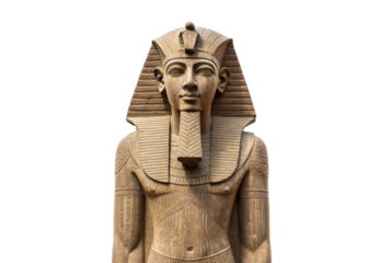 Ancient Egyptian pharaoh statue with traditional nemes headdress and ceremonial pose, isolated on a transparent background