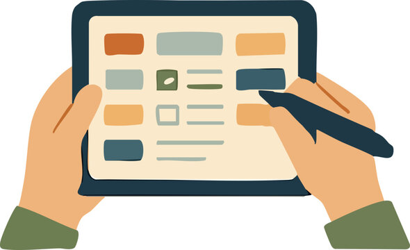 A pair of hands is holding a digital tablet while a stylus is used to tap colorful interface elements on the screen.