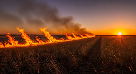 Controlled Agricultural Field Burn with Intense Flames Against a Dramatic Sunset Sky