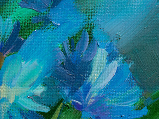 Painting with abstract blue flowers. Blue and green oil paint strokes background. Paint texture