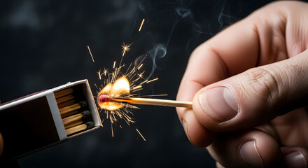 Close up of Hand Striking a Match Creating Sparks and Fire Against Dark Background