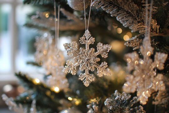 A close-up of delicate snowflake ornaments hanging on a glittering Christmas tree