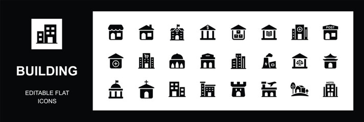 Building icon set. Editable Collection of office, hospital, university, bank, mall, mosque, airport, factory, and more. Ideal for maps, apps, real estate, and city planning. Vector illustration.