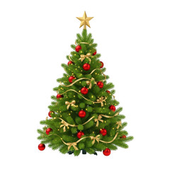Fototapeta premium A beautifully decorated christmas tree, adorned with red ornaments, golden ribbons, and topped with a shining star, isolated on transparent background, ready for the holiday season