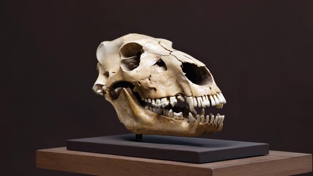 Detailed side view of an aged mammal skull on a museum display stand, biology