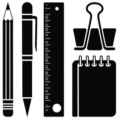 Stationery set of pencil, pen, ruler, notepad, and binder clip isolated on white background for office and school work