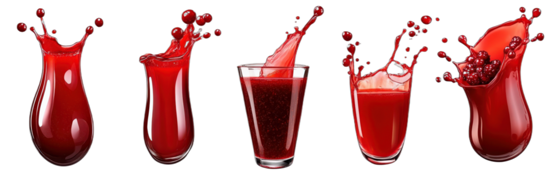 Vibrant red fruit juice splashes in various containers