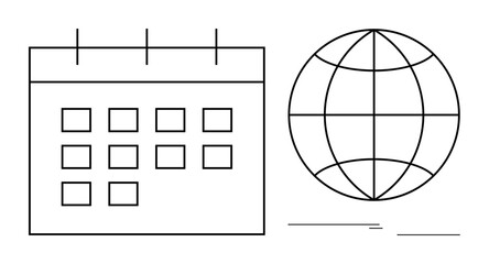 Calendar grid next to globe outline, representing global event planning, schedule management, and organization. Ideal for business, travel, globalization, time management, cooperation events