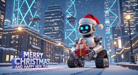 Christmas Robot In The City - A robot wearing a Santa hat holds presents in a snowy, futuristic cityscape. Christmas decorations and lights abound for a festive scene