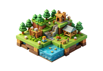 Isometric block-based village game world trees house water characters structures terrain, isolated on a transparent background