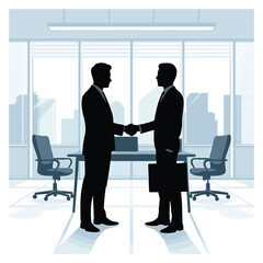 Two businessmen shaking hands in the office with city view, symbolizing partnership and agreement concept