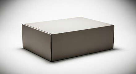 A studio photograph of a closed, rectangular cardboard box on a white surface. The simple packaging mock-up features a soft drop shadow