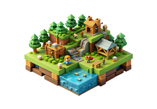 Isometric block-based village game world trees house water characters structures terrain, isolated on a transparent background - Powered by Adobe