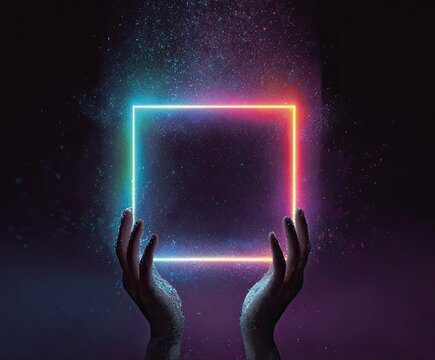 Hands holding a luminous square frame