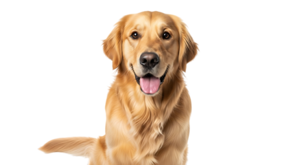 Golden retriever portrait with open mouth and tongue out isolated on transparent background