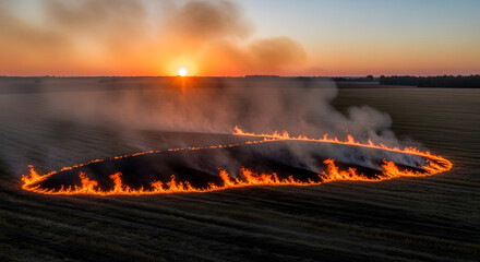Dramatic Sunset Over Field Fire Burning Stubble in Agricultural Landscape