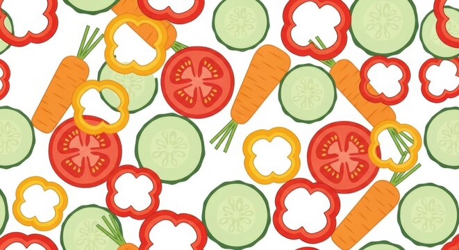 Seamless pattern of sliced fresh vegetables including tomatoes peppers cucumbers and carrots