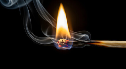 Close up of a Single Wooden Match Burning Brightly with Wispy White Smoke on Black Background