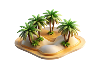 Tropical desert island paradise with palm trees on sandy terrain, isolated on a transparent background
