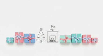 Obraz premium Whimsical Holiday Scene with Pastel Gifts, a Hand-Drawn Fireplace, and a Tree on a Clean White Backdrop, Creating a Playful and Joyful Atmosphere