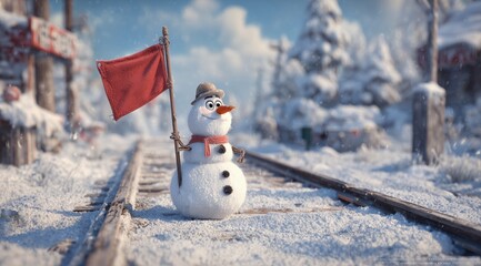 Winter Warning: A whimsical snowman stands defiantly on a snow-covered railway, brandishing a red flag amidst a frosted landscape, evoking a sense of caution and wintry charm.