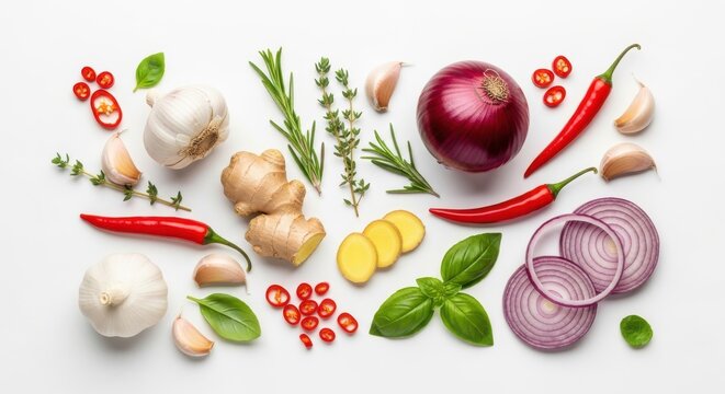 Fresh ingredients for cooking including onions garlic ginger chili peppers and herbs