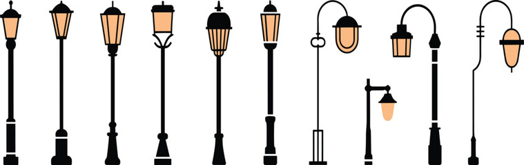Vintage street lamp vector set, classic lantern silhouettes collection, old city park light, retro urban road post, outdoor illumination design elements, black iron pole © MDABDULLAHAL