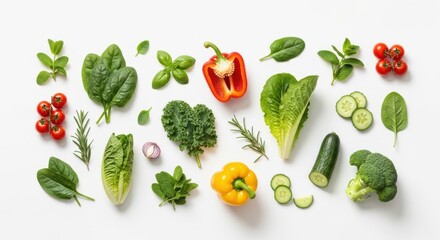 Fresh assortment of vibrant raw vegetables and herbs arranged on white background