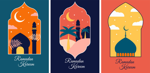 Set of vector horizontal Ramadan Kareem greeting cards with mosque silhouettes . Islamic holiday poster collection