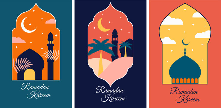 Set of vector horizontal Ramadan Kareem greeting cards with mosque silhouettes . Islamic holiday poster collection