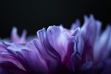 Macro detail of delicate flower petal edge in sharp focus with soft purple hues and dark background, highlighting natural texture and tranquility for nature-themed design projects.