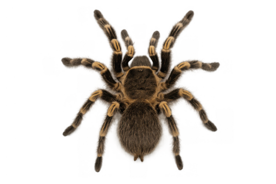 Tarantula arachnid standing, showing hairy body and eight striped legs, isolated on transparent background