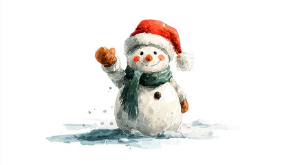 Watercolor snowman illustration wearing a hat and scarf perfect for winter holiday greeting cards and festive designs