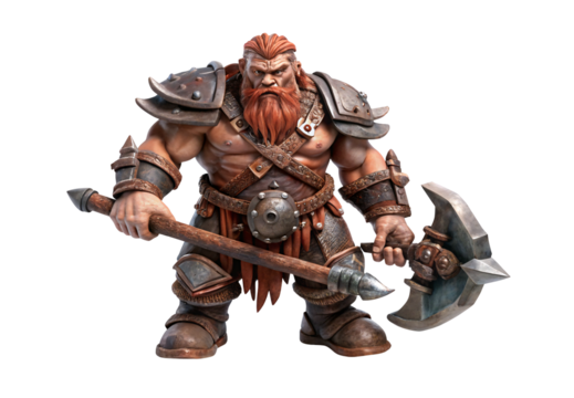 Muscular barbarian fighter with red mohawk brandishing dual axes menacingly, isolated on a transparent background