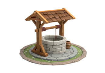 Medieval village well structure with wooden roof and stone base, isolated on a transparent background