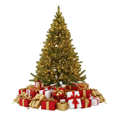 A beautifully decorated christmas tree with warm lights and a pile of colorful presents isolated on transparent background, creating a festive and joyful holiday scene