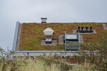 Green roof with ventilation tower and modern access hatch on eco house